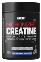 Weider Micronized Creatine Monohydrate Powder in Blue Raspberry flavor, 300g, enhances physical performance.